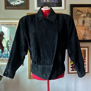 80s Black Leather Cropped Moto Jacket